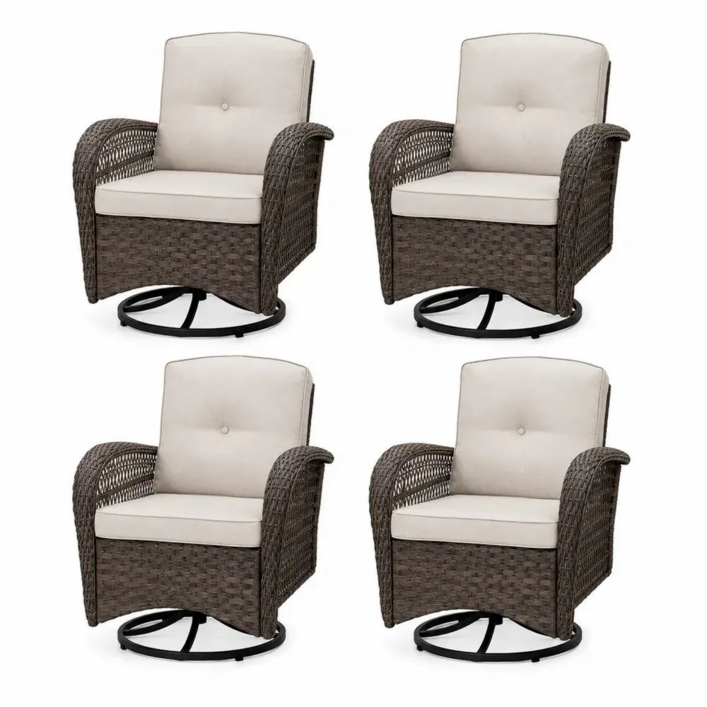 4er Set drehbare Gartensessel mit Armlehnen PE-Rattan Polyesterkissen Stahlgestell Braun Beige Schwarz 72 x 75 x 96 cm