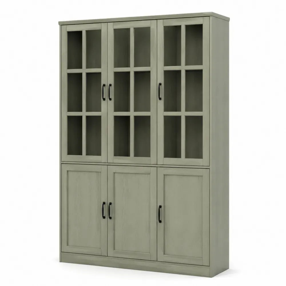 Aufbewahrungsschrank Vitrinenschrank mit 6 Türen 120 x 40 x 180 cm MDF gehärtetes Glas rechteckig salbeigrün schwarz