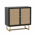 Aufbewahrungsschrank Sideboard mit 2 Türen MDF Rattangeflecht Stahlgestell rechteckig Schwarz Naturbeige Goldfarben 90 x 40 x 90 cm