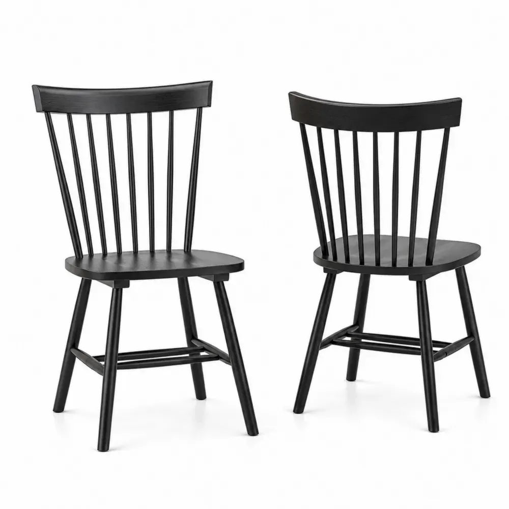Esszimmerstuhl 2er Set aus massivem Kautschukholz mit Spindelrücken rechteckige Sitzfläche schwarz 47 x 52 x 88 cm