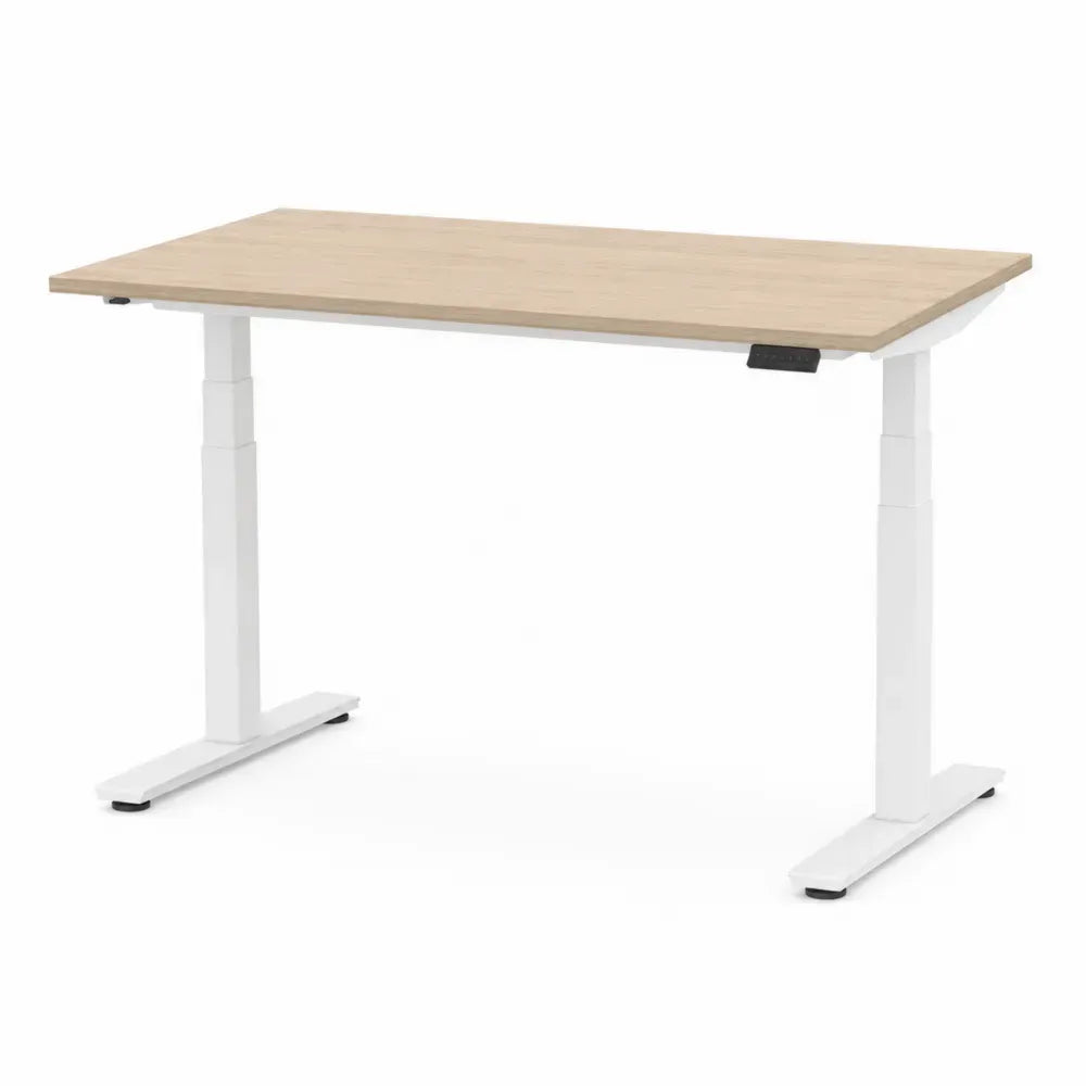 Elektrisch höhenverstellbarer Schreibtisch rechteckig mit Spanplatte und Stahlgestell Eiche hell Weiß 140 x 70 x 72-118 cm