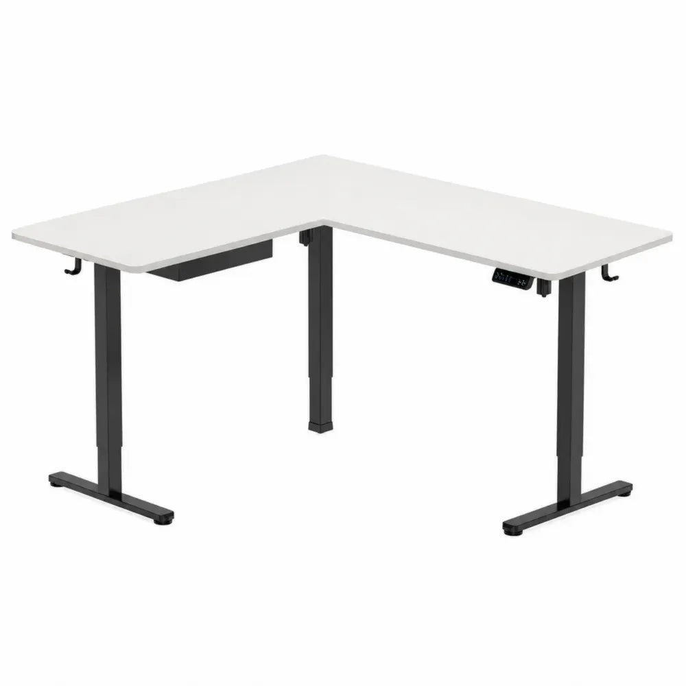 Elektrisch höhenverstellbarer Eckschreibtisch L Form 160 x 120 x 72 bis 118 cm MDF Melamin Stahl weiß schwarz