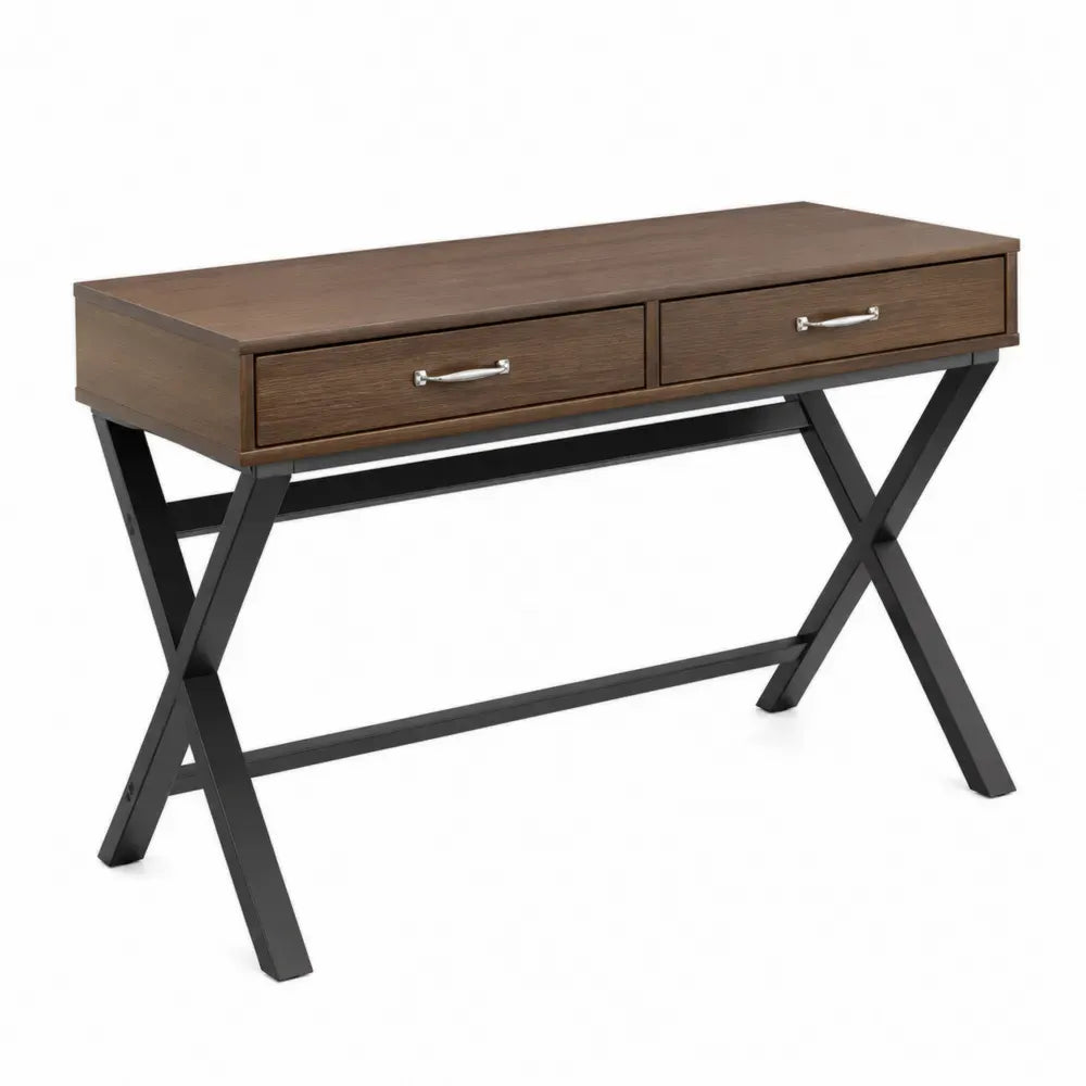 Schreibtisch mit 2 Schubladen rechteckig MDF Walnussdekor Stahlgestell Schwarz Braun Silber 120 x 50 x 76 cm
