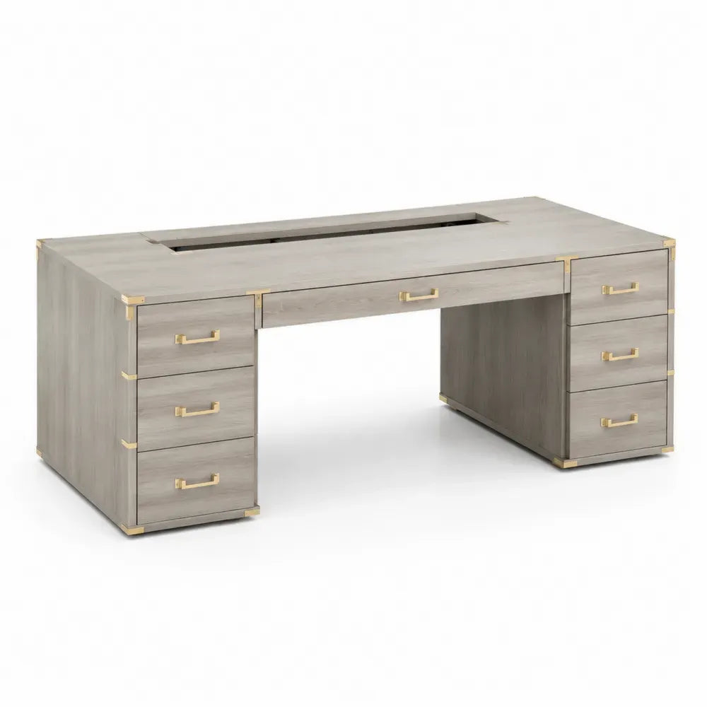 Schreibtisch mit 7 Schubladen und Kabelöffnung 180 x 80 x 76 cm Spanplatte MDF rechteckig Grau Eiche goldfarben schwarz
