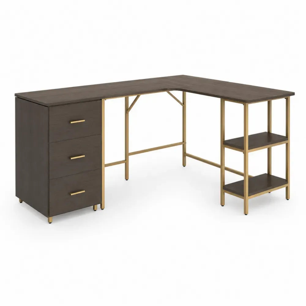 Eckschreibtisch L Form mit 3 Schubladen und Regal MDF Stahlgestell Dunkelbraun Goldfarben 150 x 120 x 76 cm