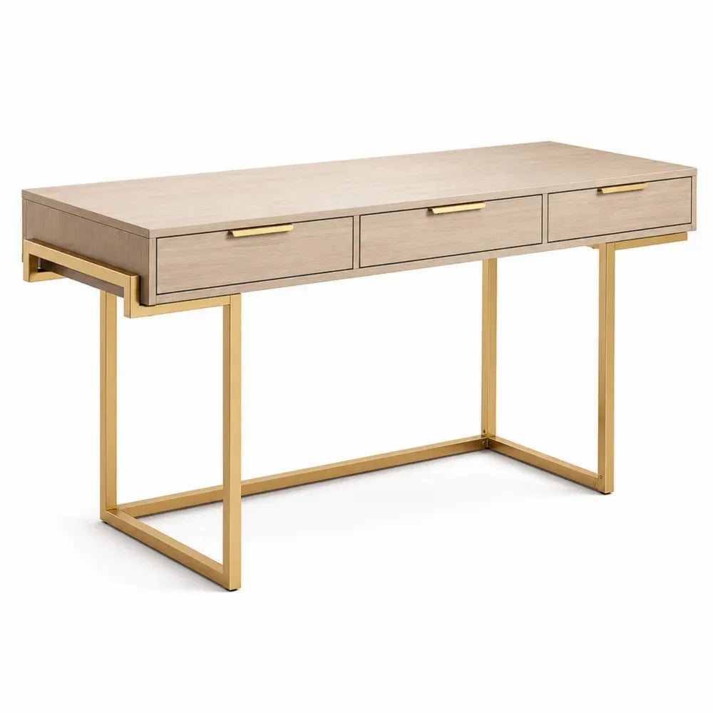 Schreibtisch mit 3 Schubladen rechteckig MDF Eiche hell Stahlrahmen Goldfarben 120 x 50 x 76 cm